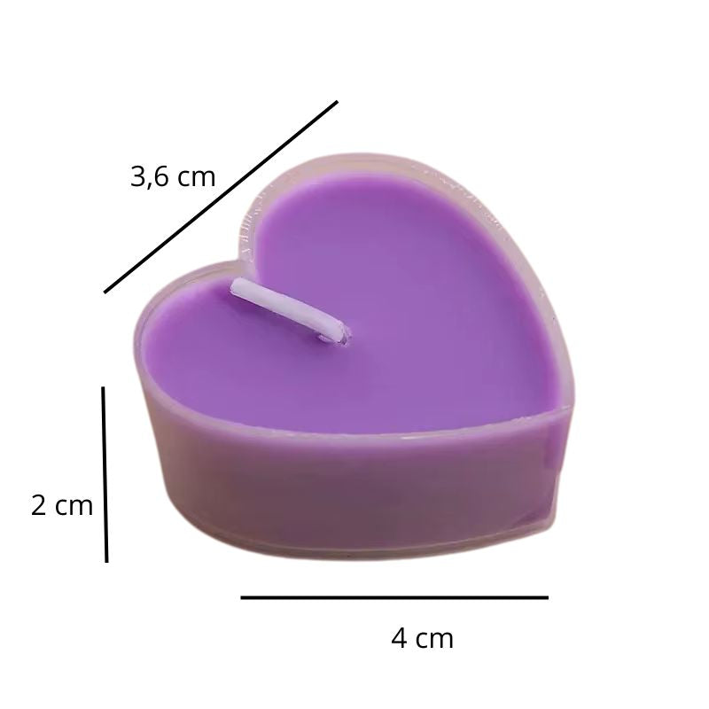 Bougie Décorative Chauffe Plat Cœur Lot 9 pièces, de couleur violette, avec ses dimensions et sur fond blanc.