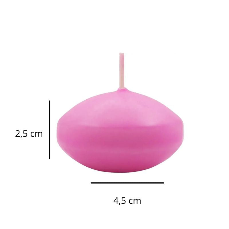 Bougie Décorative Flottante, de couleur rose, avec ses dimensions et sur fond blanc.