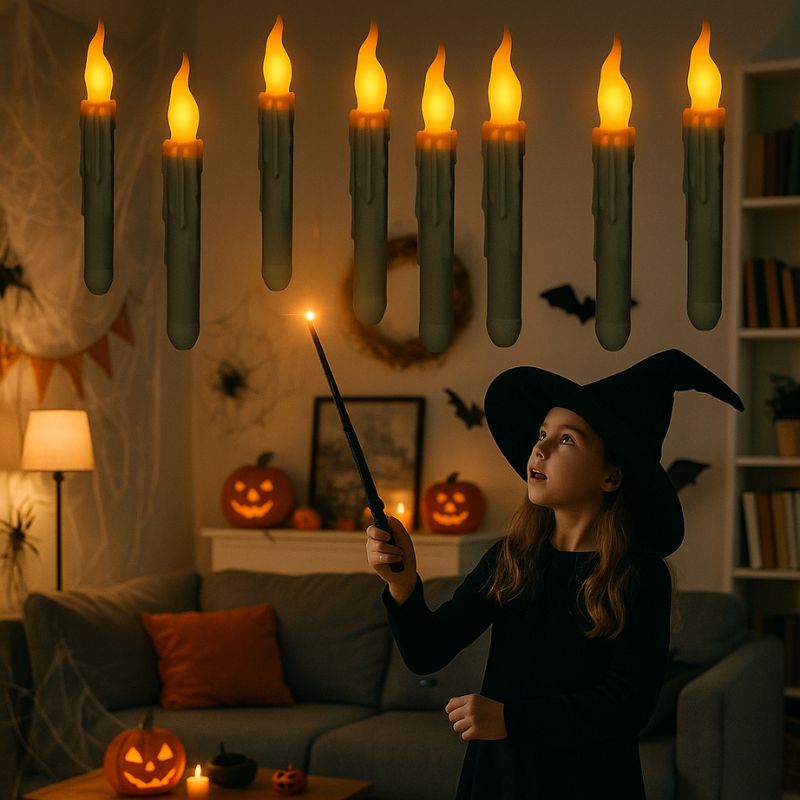Bougie Halloween Flottante et Magique, une fillette fait flotter les bougies avec sa baguette magique. Ambiance d'halloween.