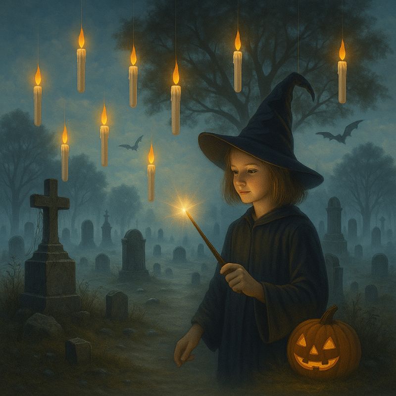 Bougie Halloween Flottante et Magique dans une ambiance de cimetière et effrayante.