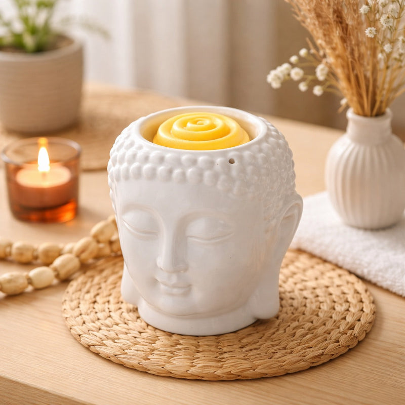 Brule Parfum Bouddha Blanc Élégant avec fondant parfumé spiralé dans une ambiance scandinave bohème.