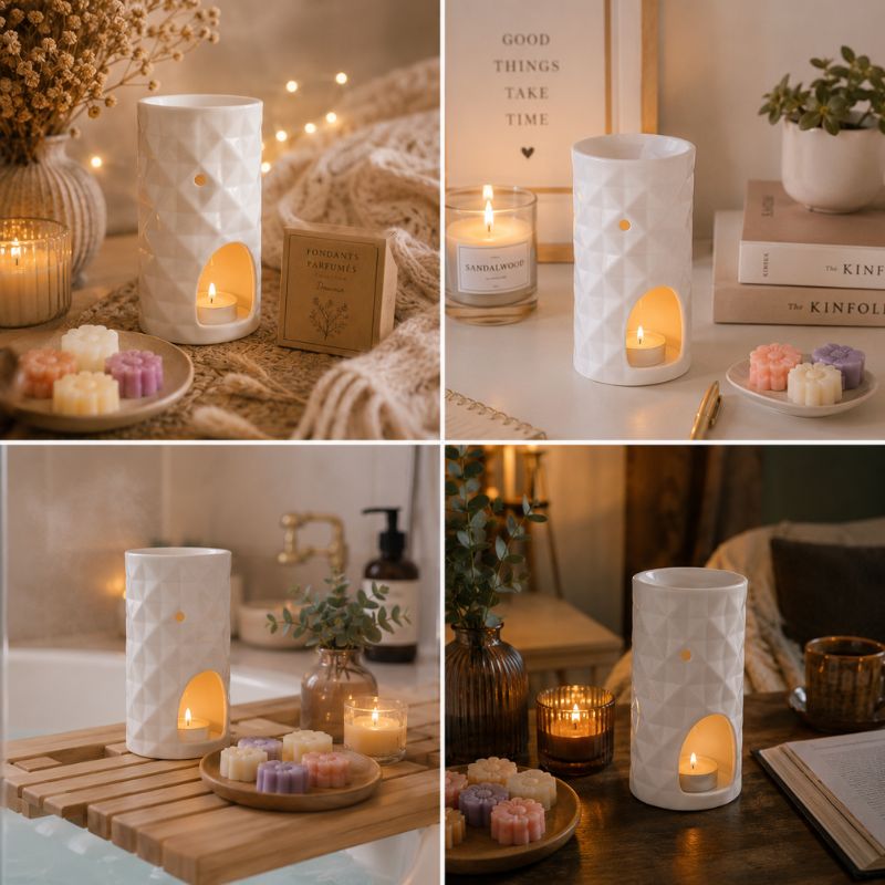 Brule Parfum Design Organique mis en scène dans plusieurs ambiances cocooning : salon, bureau, salle de bain et coin lecture avec fondants parfumés.