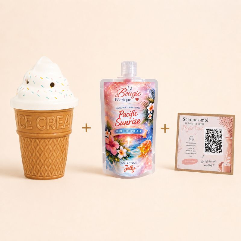 Brule Parfum Glace Italienne Gourmande, fondant parfumé Jelly Pacific Sunrise et carte QR code playlist détente.