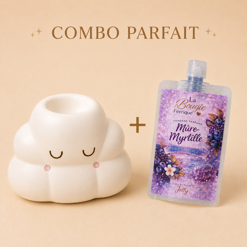 Brule Parfum Nuage Rêveur associé au fondant parfumé Jelly Mûre Myrtille, le combo parfait pour parfumer et décorer votre intérieur.