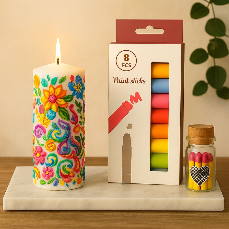 Coffret Bougie à Décorer Poésie de Cire, voici les éléments du coffret, la bougie, la boite de feutre et les allumettes, le tout posé sur une planche en marbre. Ambiance scandinave.