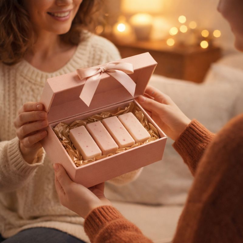 Fondant Parfumé Bois de Oud Snapbar, le fondant est dans un coffret cadeau que deux personnes s'offrent. Ambiance chaleureuse.
