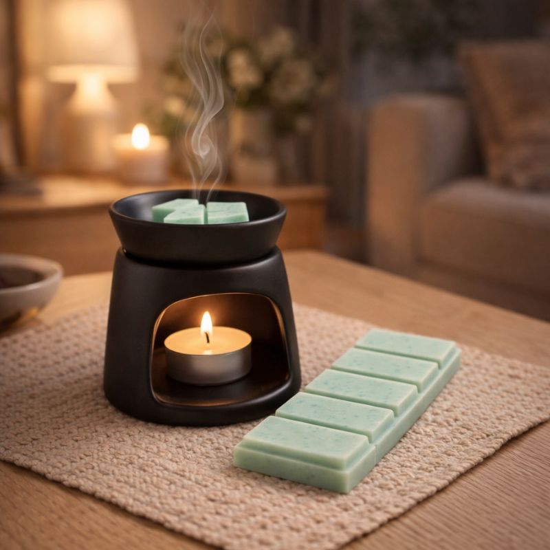 Fondant Parfumé Concombre Frais Snapbar vert diffusé dans brûle parfum noir avec bougie ambiance cocooning chaleureuse et parfumée à la maison.