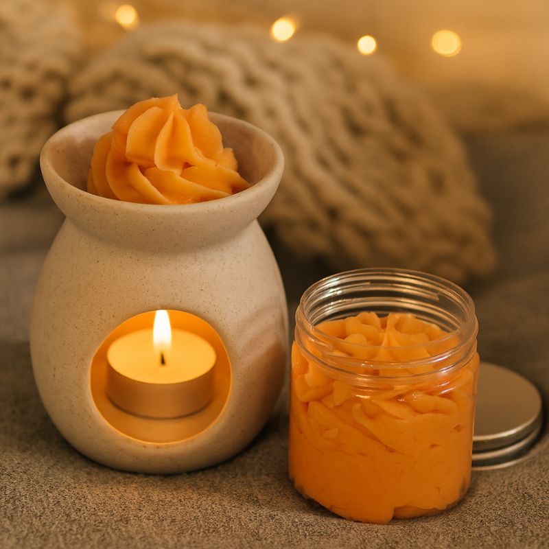 Fondant Parfumé Délice de Melon Givré, le pot de fondant parfumé est à côté du brûleur de parfum, il y a un peu de fondant à l’intérieur. Le tout dans une ambiance cocooning.