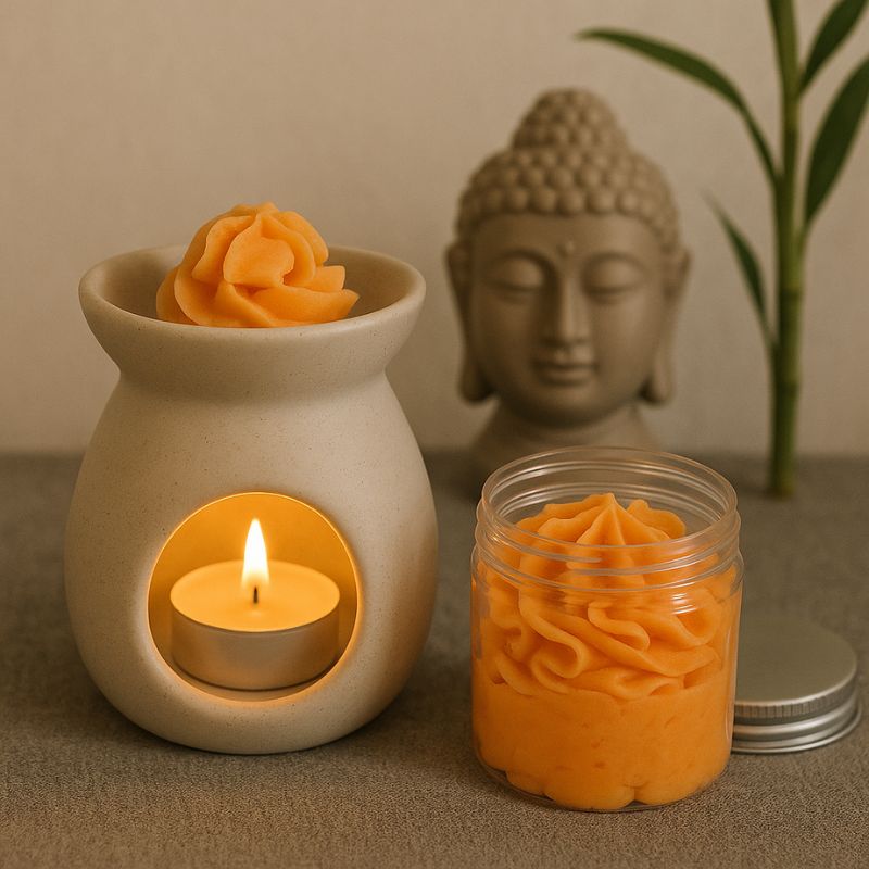 Fondant Parfumé Délice de Melon Givré, de couler orange et de senteur melon. Il y a un peu de fondant dans un brûleur ainsi qu'une bougie allumée dessous. Le tout dans une ambiance zen.