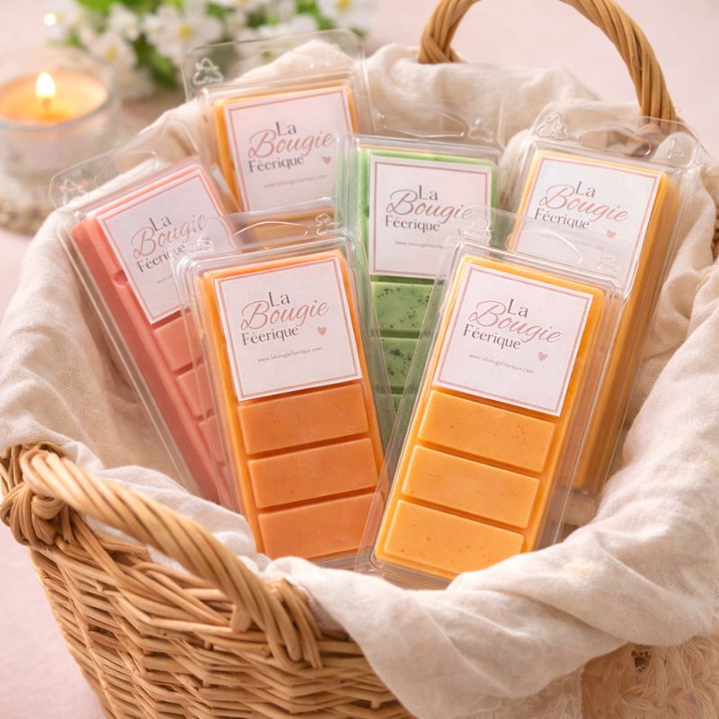 Fondant Parfumé Mirabelle Snapbar orange et autres parfums en coffret dans panier tressé ambiance cadeau élégant et décoration chaleureuse.