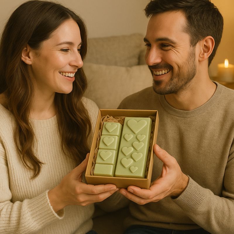 Fondant Parfumé Mojito Snapbar, un homme offre le coffret-cadeau à une femme. Ambiance romantique.