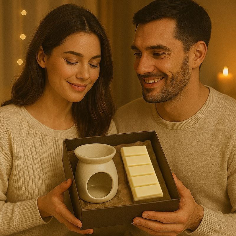 Fondant Parfumé Nougat Blanc Snapbar, des amoureux tiennent un coffret-cadeau avec un brûle parfum et une tablette de fondant parfumé à l’intérieur.