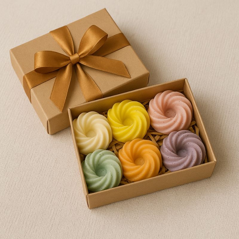 Fondant Parfumé Spirale Citron Meringué, disposé dans une boîte-cadeaux et sur fond beige clair.