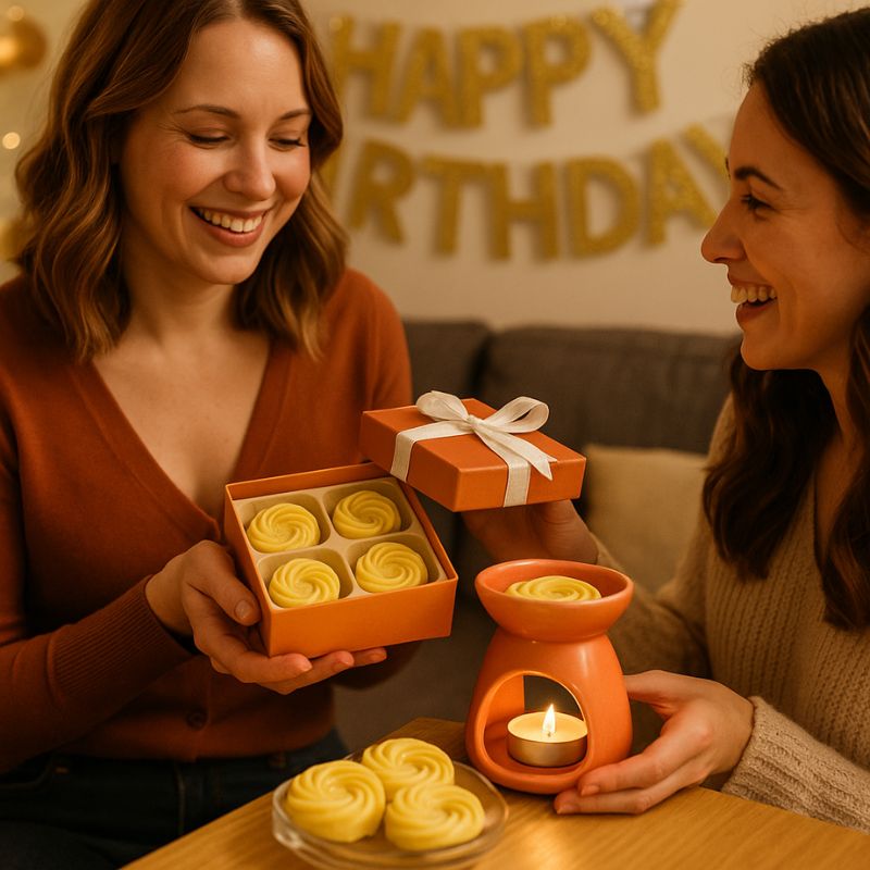 Fondant Parfumé Spirale Monoï, deux personnes s'offrent le coffret-cadeau avec des fondants parfumés à l’intérieur.