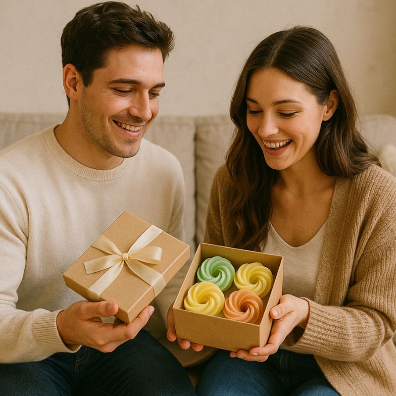 Fondant Parfumé Spirale Pop Corn, un homme offre un coffret de fondant parfumé à une femme.