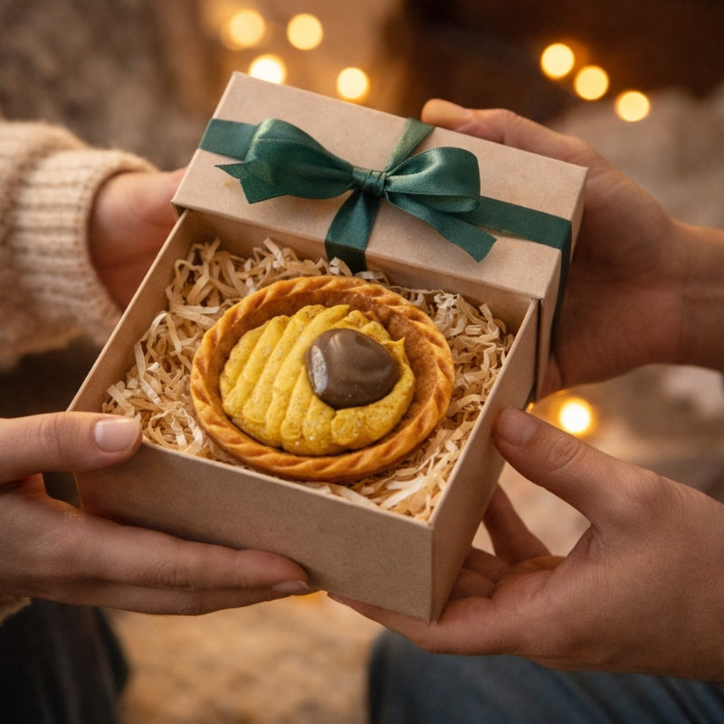 Fondant Parfumé Tartelette Châtaigne Grillédisposé dans un coffret cadeau, Amiance idée cadeau.