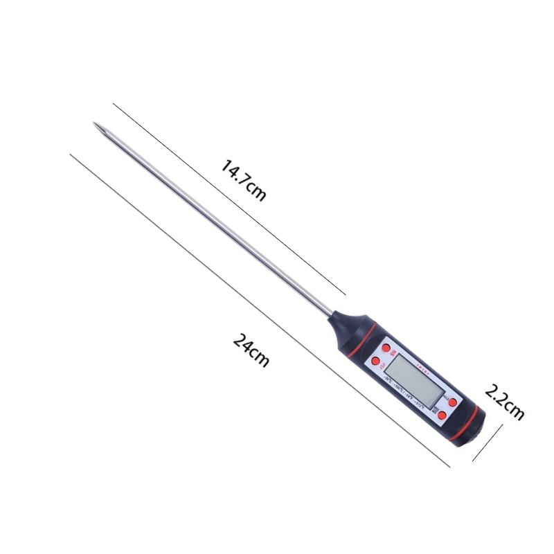 Matériel Bougie Thermomètre Numérique, avec ses dimensions et sur fond blanc.