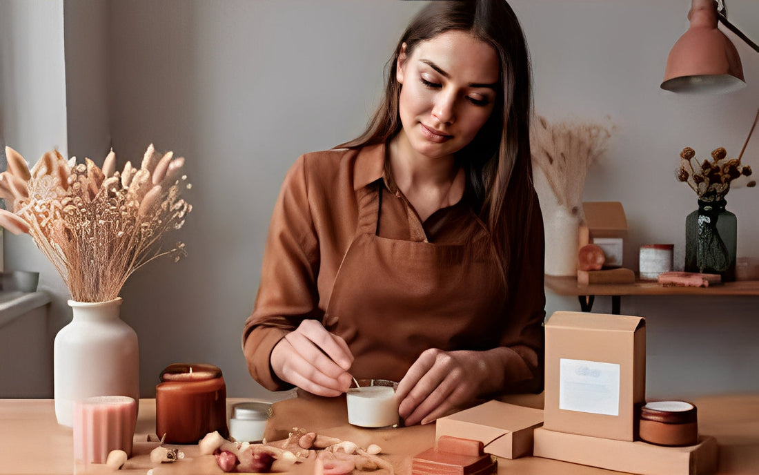Artisane fabriquant une bougie artisanale faite main dans son atelier, ambiance chaleureuse et créative autour de la décoration naturelle.