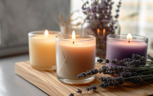 Trois bougies allumées dans un pot en verre , deux blanches et une violette poser sur une planche en bois et un décor de lavande