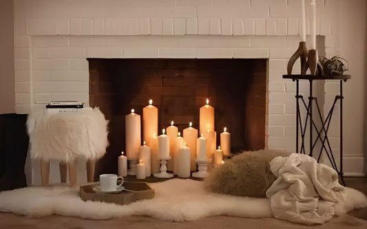 Ambiance coconing, on voit une cheminée blanche avec des bougies à l'intérieur, elles sont allumées. Il y a un tapis blanc en poil.
