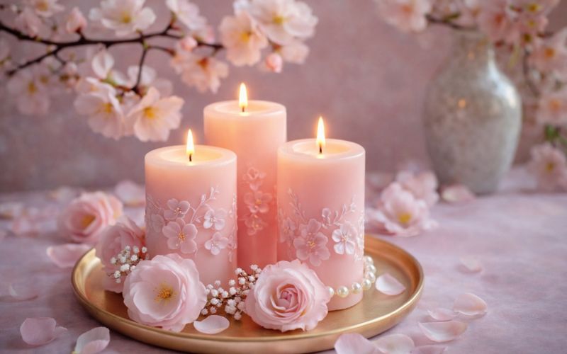 Bougies décoratives roses avec motifs floraux sur plateau doré entourées de fleurs dans une ambiance douce et romantique.