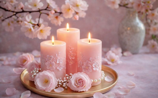 Bougies décoratives roses avec motifs floraux sur plateau doré entourées de fleurs dans une ambiance douce et romantique.