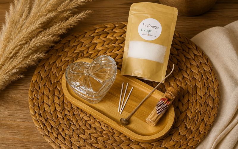 Kit bougie DIY avec perles de cire, contenant en verre en forme de cœur, mèches, allume-bougie et accessoires posés sur un plateau en bois dans une ambiance cocooning naturelle.