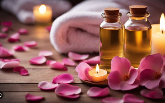 Ambiance détente avec bougies parfumées, huiles essentielles et pétales de rose pour une décoration zen et relaxante.