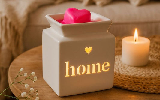 Brûle-parfum blanc avec fondant en forme de cœur rose et bougie allumée, créant une ambiance chaleureuse et cocooning à la maison.