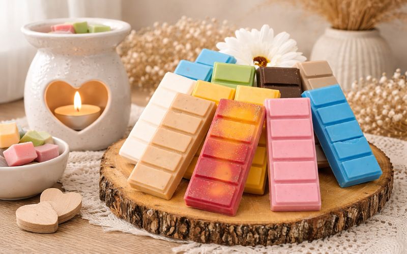 Fondants parfumés colorés présentés sur une tranche de bois sur une table en bois avec un brûle-parfum allumé, dans une ambiance scandinave douce et naturelle.