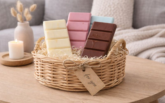 Fondants parfumés en forme de tablette de chocolat dans un panier en osier, idée cadeau déco pour ambiance chaleureuse.
