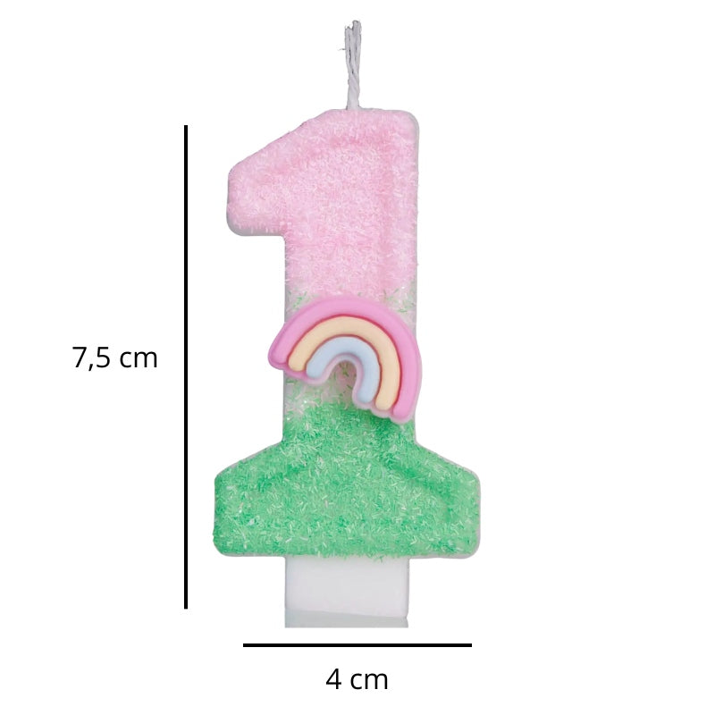 Bougie Anniversaire Arc en Ciel Enchanté, de couleur rose et verte, avec ses dimensions et sur fond blanc.