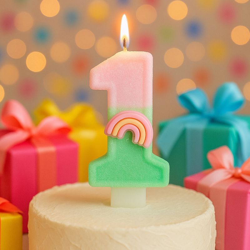 Bougie Anniversaire Arc en Ciel Enchanté, la bougie est sur un gâteau d’anniversaire et elle est allumée.