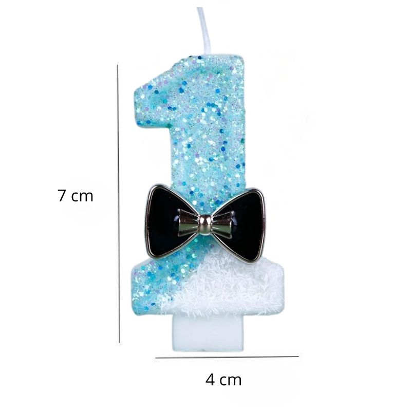 Bougie Anniversaire Charme Scintillant, avec ses dimensions, le chiffre de la bougie est le 1 et sur fond blanc.