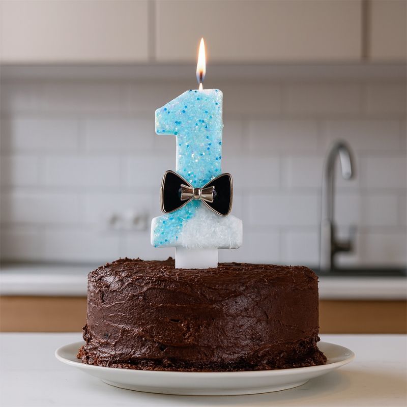 Bougie Anniversaire Charme Scintillant, la bougie est posée sur un gâteau d’anniversaire au chocolat. Le chiffre de la bougie est le 1 et de couleur bleue. Dans une cuisine.
