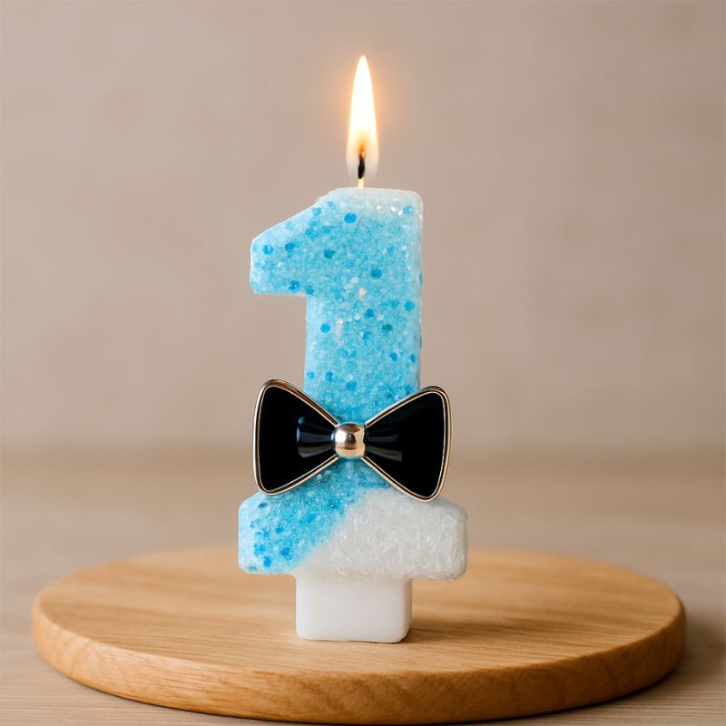 Bougie Anniversaire Charme Scintillant, la bougie est posée sur une planche en bois, elle est allumée et dans une ambiance zen. Le chiffre de la bougie est le 1.