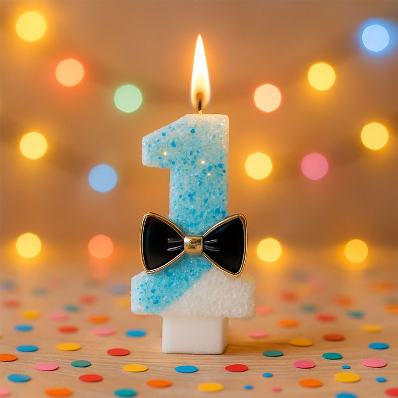 Bougie Anniversaire Charme Scintillant, le chiffre de la bougie représentée est le 1, de couleur bleue avec un nœud noir, la bougie est allumée et dans une ambiance festive.
