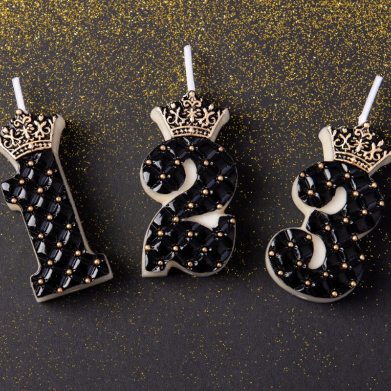 Bougie Anniversaire Chiffre Couronne Chic Noir et Or