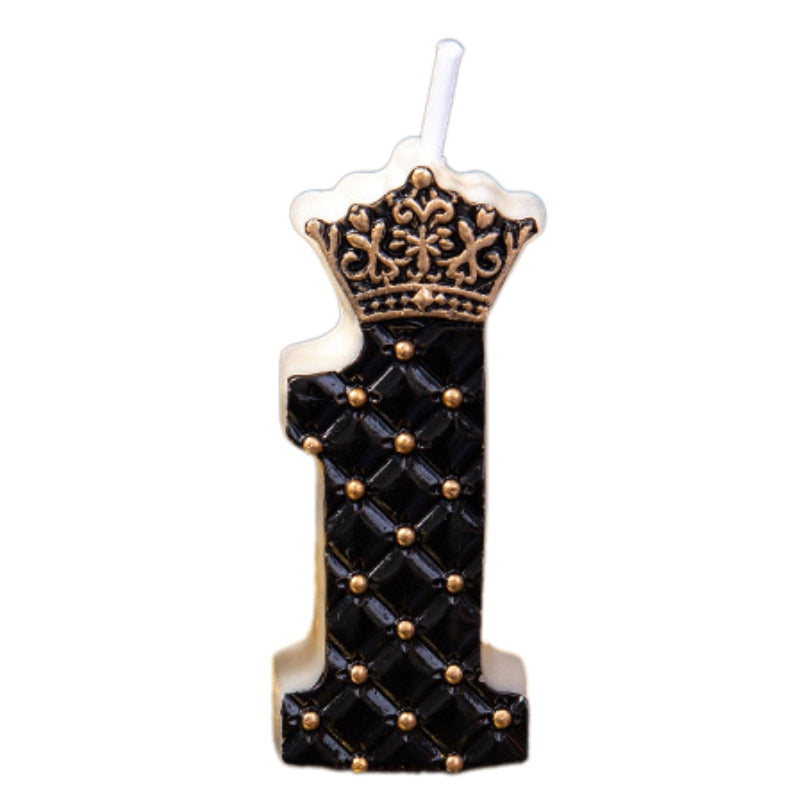 Bougie Anniversaire Chiffre Couronne Chic Noir et Or, sur fond blanc.