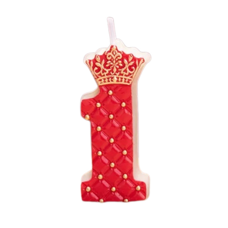 Bougie Anniversaire Chiffre Couronne Rouge et Or, sur fond blanc.