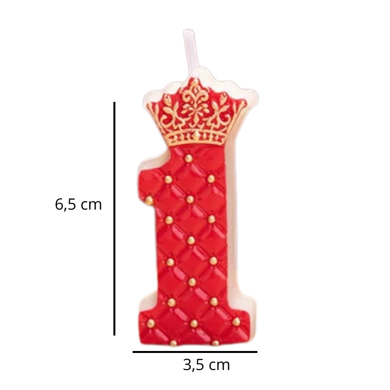 Bougie Anniversaire Chiffre Couronne Rouge et Or, avec ses dimensions sur fond blanc.