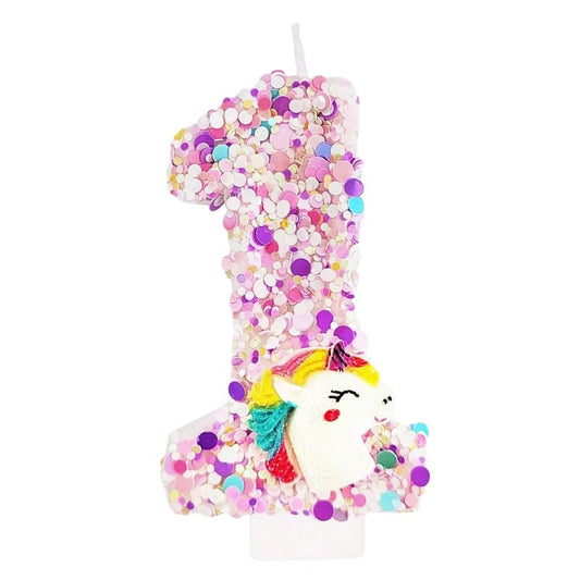 Bougie Anniversaire Chiffre Paillette avec Licorne, sur fond blanc.