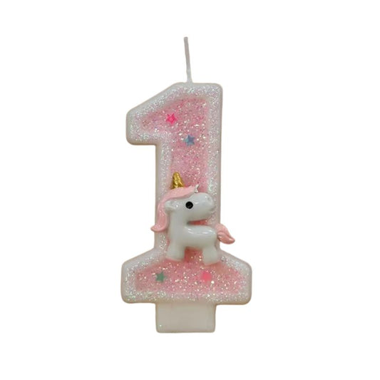 Bougie Anniversaire Chiffre Rose et Licorne, sur fond blanc.