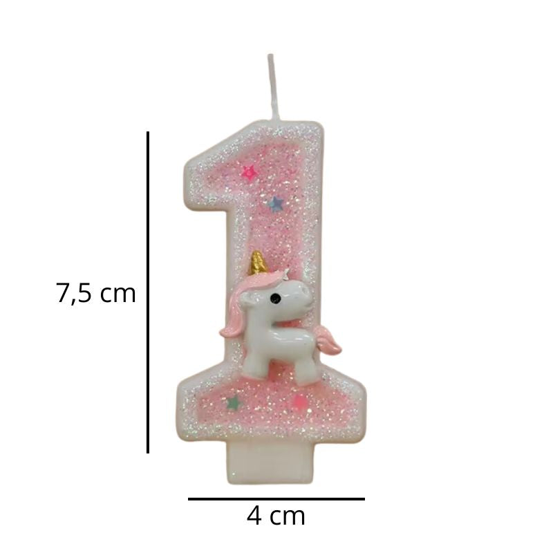 Bougie Anniversaire Chiffre Rose et Licorne, avec ses dimensions et sur fond blanc.