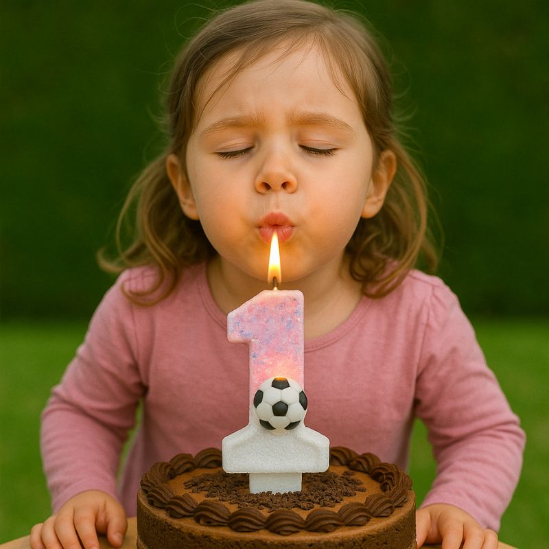 Bougie Anniversaire Coup d’Envoi Enchanté, une petite fille souffle ses bougies, et sur fond vert.