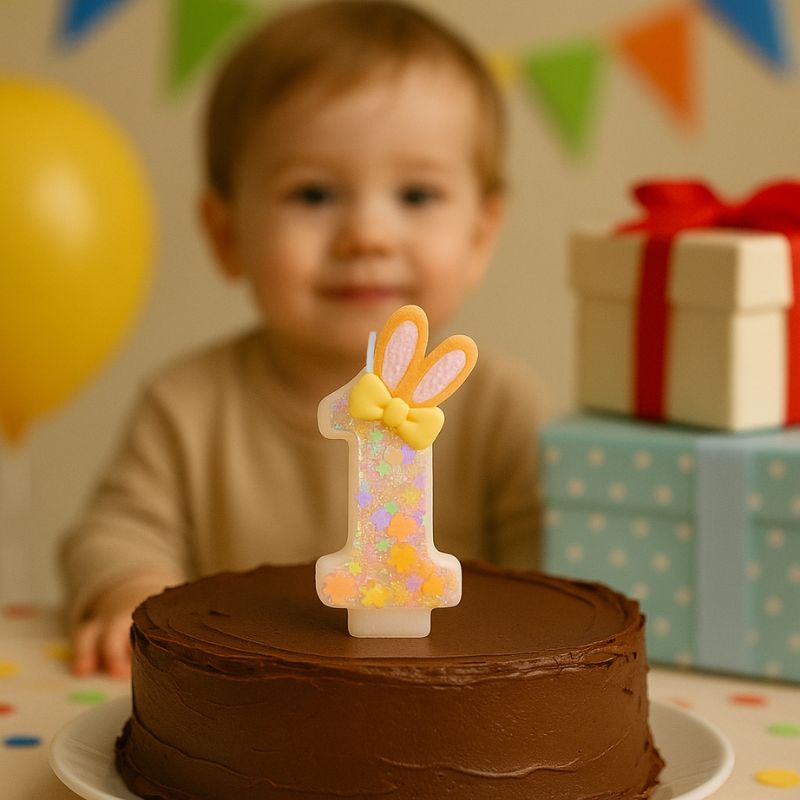 Bougie Anniversaire Douce Fantaisie, la bougie est disposée sur un gâteau d’anniversaire au chocolat et il y a un enfant et des cadeaux en arrière plan.
