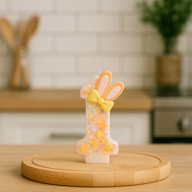 Bougie Anniversaire Douce Fantaisie, le chiffre est le 1, posé sur un plateau en bois et disposé dans une cuisine.