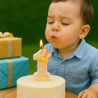 Bougie Anniversaire Douce Fantaisie, un enfant est en train de souffler sur sa bougie, le chiffre est le 1 et disposée sur un gâteau d’anniversaire.