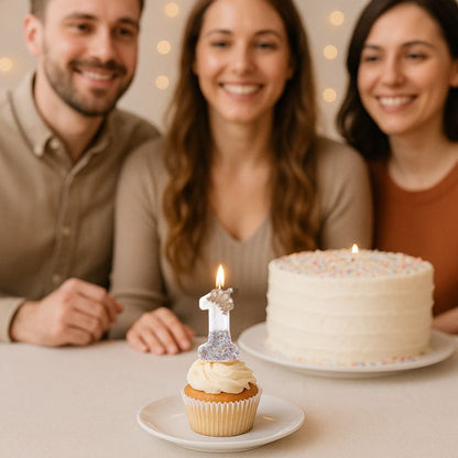 Bougie Anniversaire Édition Prestige, la bougie est disposée sur un cupcake, il y a des personnages autour du gâteau. L'ambiance est festive.