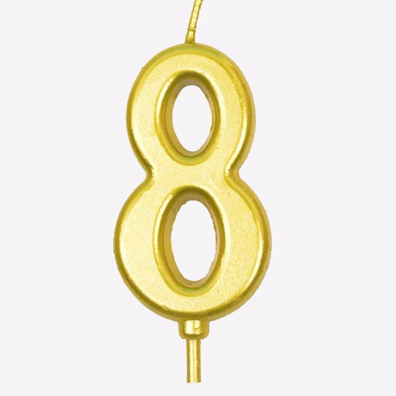 Bougie Anniversaire Élégante Doré, le chiffre représenté est le 8 et sur fond blanc.